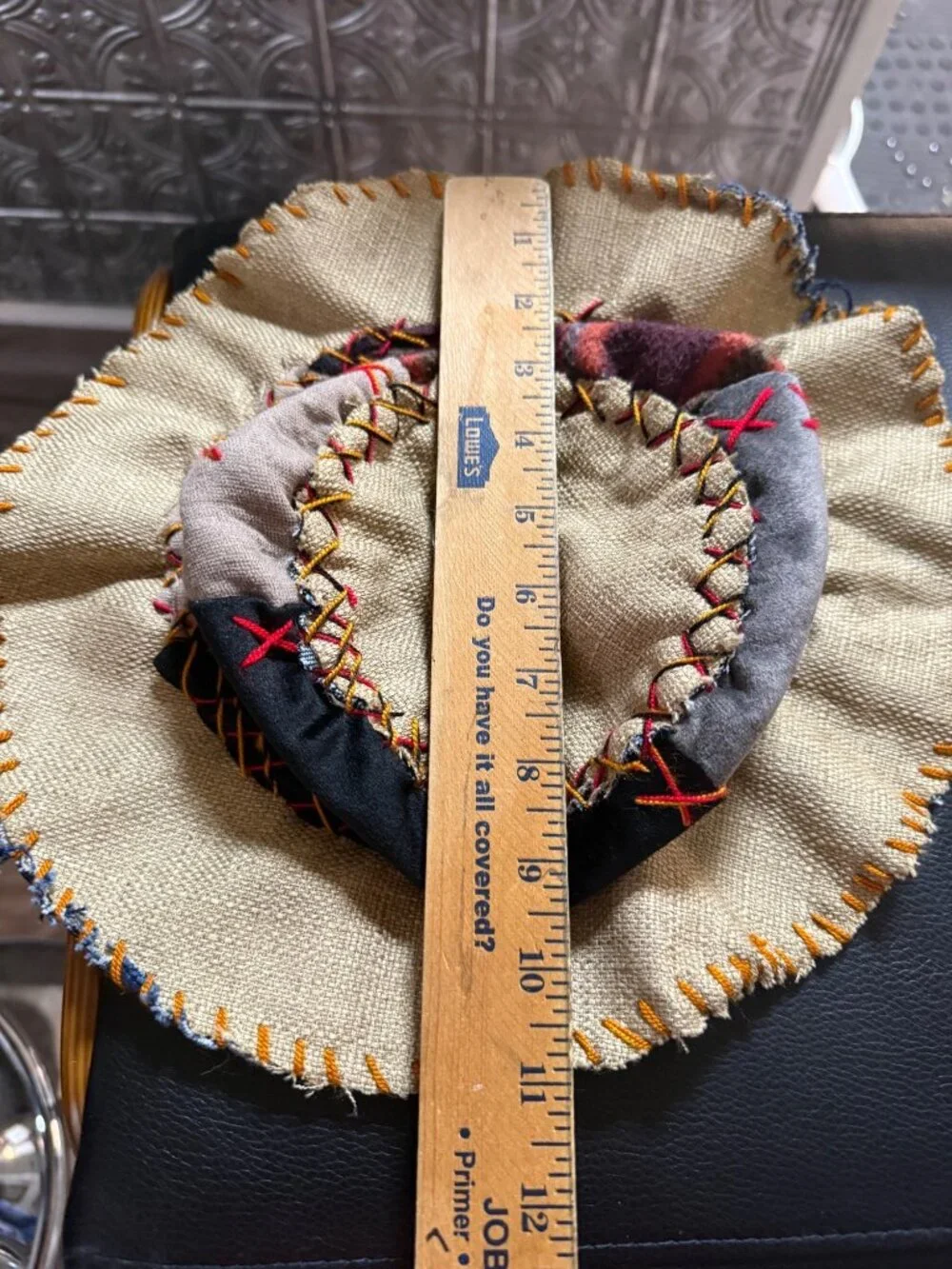 Artisan Patchwork Burlap Fabric Bucket Hat Decorative Stitching Boho Costume O/S